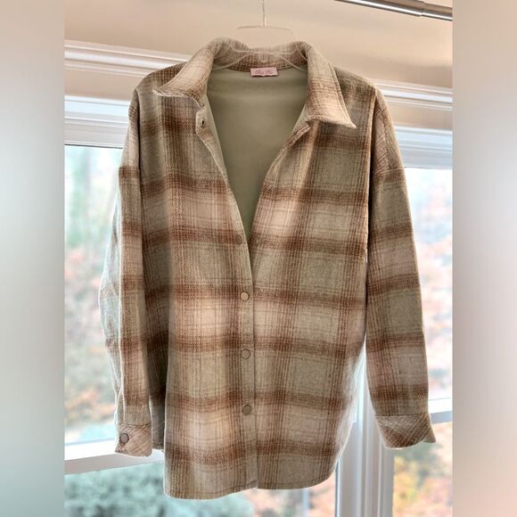 Pink Lily Jackets & Blazers - Pink Lily Plaid Button-Up Shirt Jacket - Beige Green and Brown Shacket Shirt